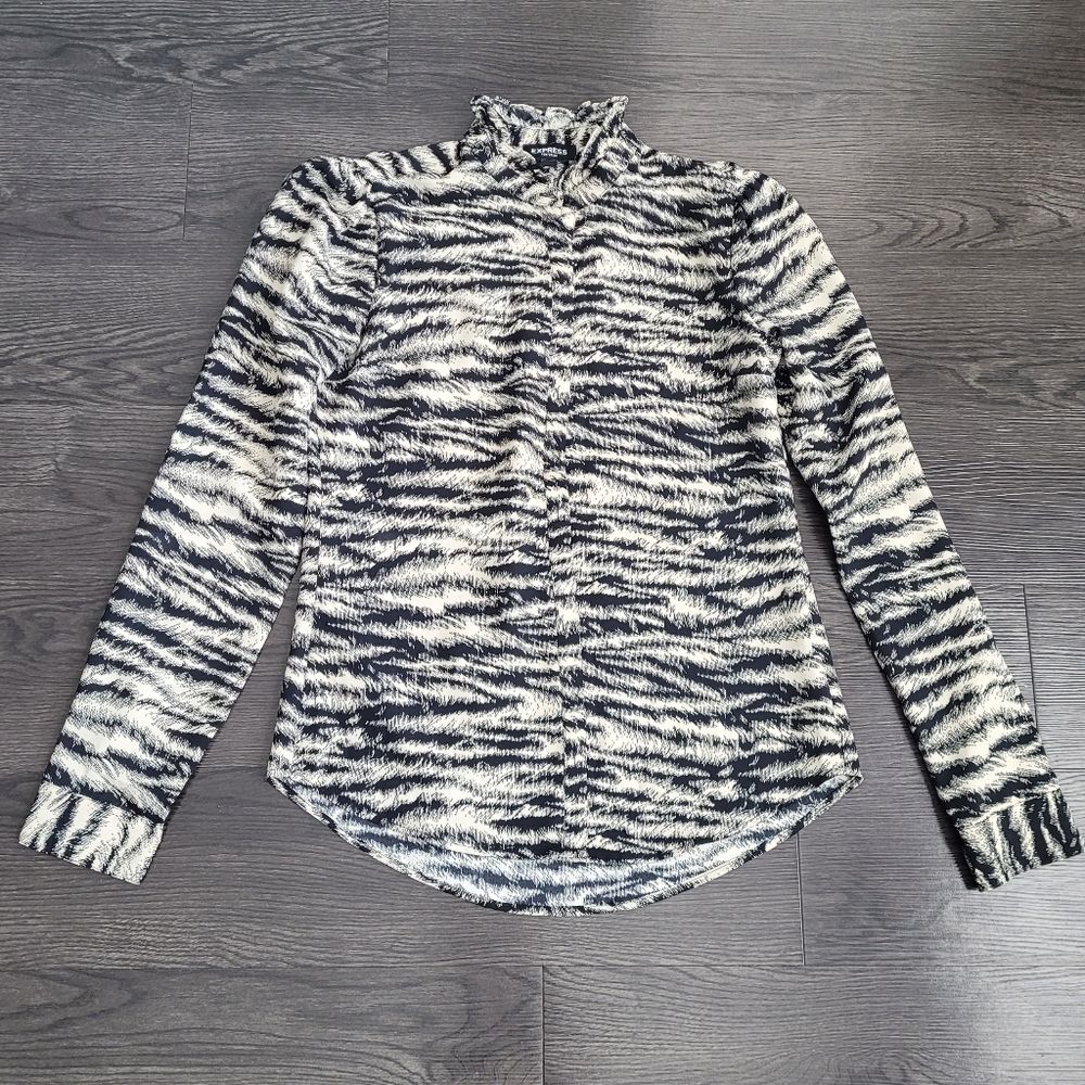 Express Portofino Black and White Zebra Print Button Down Shirt Women's Size XS